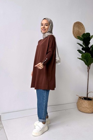 Kahijab Kol Detay Merserize Tunik - Kahverengi