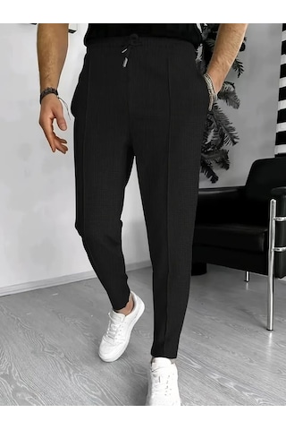 Erkek Yüksek Bel Önden Bağcıklı Cepli Waffle Pantolon Siyah