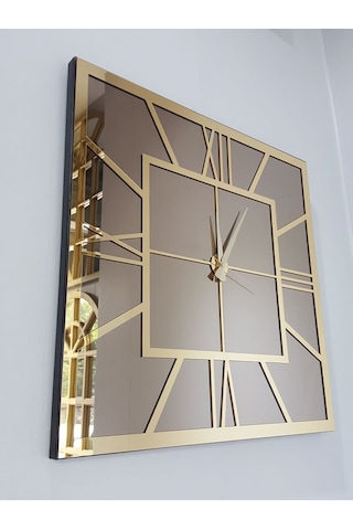 Ayna Denizi Golden Quare Bronze Model Altın Bronz Renk 60 CM x 60 CM Dekoratif Aynalı Duvar Saati Altın