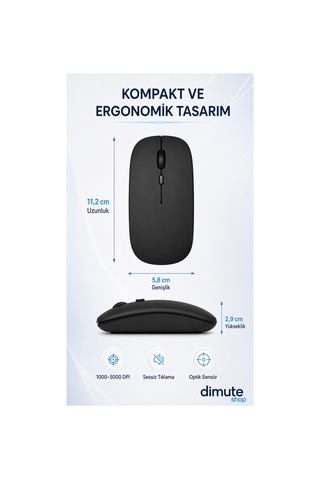 Şarjlı Bluetooth + 2.4ghz Kablosuz Mouse Laptop, Mac, Apple iPad Uyumlu Ve Android Tablet İçin Siyah - 744542242 Diğer