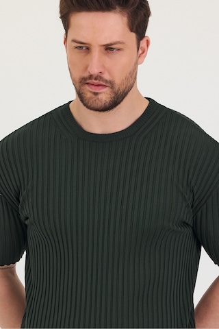 Tarz Cool Erkek Bisiklet Yaka Fitilli Kısa Kollu Ince Triko T-shirt Haki