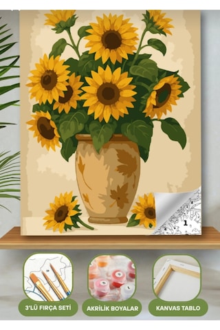 Denic Sayılarla Boyama Seti 40x50 Cm (Çıtalı) Fırça Boya Dahil Numaralı Tuval Ay Çiçeği Toprak Uzun Vazo