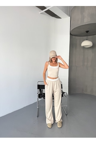 Kadın Çift Kat Detaylı Modal Dokulu Alt Üst Takım Krem