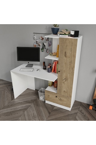 Merlin Mobilya Minör Çalışma Masası Ve 7 Bölmeli Kitaplık Meşe Beyaz - Meşe