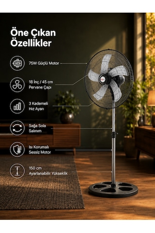 Microstar 18" 45cm Ayaklı Vantilatör 75w 3 Kademeli Salınımlı 5 Kanat Alüminyum Pervane - Msr-2618