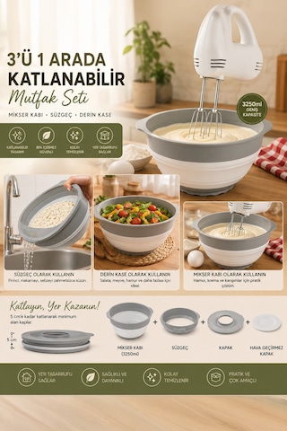 Porsima S-00113 Katlanabilir Süzgeç Mikser Karıştırma Kabı Seti