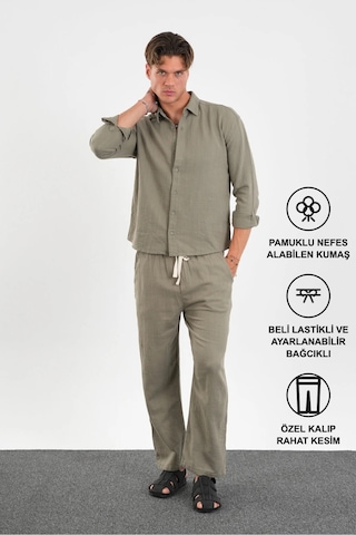 Flare Kışlık Baggy Pantolon Oversize Gömlek Alt Üst Takım %100 Pamuk Haki