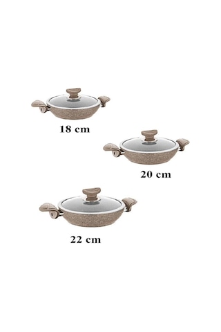 Oms Bio Granit 6 Parça Kapaklı Sahan Seti Kahve Yapışmaz Biogranit 18-20-22 Cm Kahverengi