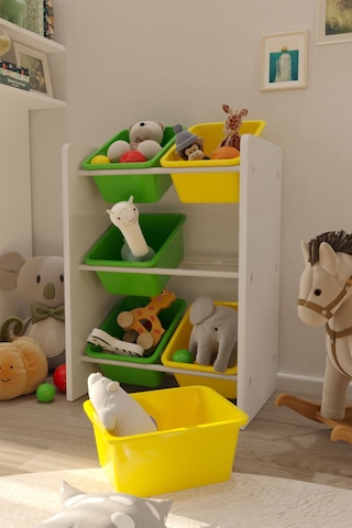 6 Sepetli Yeşil Ve Sarı Oyuncak Dolabı, Çok Amaçlı Dolap, Montessori Dolap Sarı-yeşil