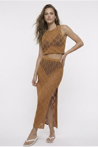 Neden Tekstil Dantel Görünümlü Ajurlu Beachwear Crop Top Ve Yırtmaçlı Uzun Etek Triko Takım - Safran