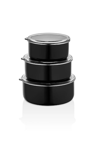 Mary 3'lü Emaye Saklama Kabı- Siyah 14cm-16cm-18cm