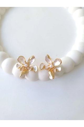 Çelik Gold Incili Çiçek Kadın Küpe - Blossom Sevgiliye Hediye Altın