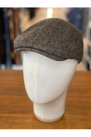 Hamze İngiliz London Model Balıksırtı Desen Kaşe Kumaş Kasket Şapka Kahverengi