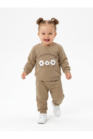 HelloBaby Pamuklu Çiçek Detaylı 2li Kız Bebek Takım Kahverengi