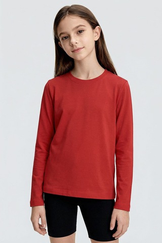 Fiesta O Yaka Standart Fit Basic Uzun Kollu Unisex Çocuk T-shirt - 11329 Kırmızı
