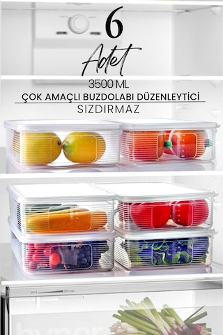Kitchen Life 6 Adet 3,5 Litre Buzdolabı İçi Düzenleyici Dikdörtgen Erzak Saklama Kabı Seti - Organizeri 3500ml Şeffaf