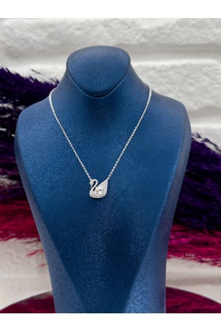 925 Ayar Gümüş Mosanite Taşlı Kuğu Modeli Aşk Temalı Zarif Kadın Kolye Gümüş