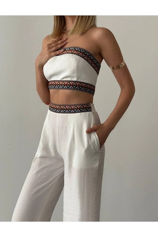 Aztek Motifli Şerit Korse Crop Cepli Lastikli Palazzo Pantolon Modern Etnik Yazlık Boho Keten Takım Beyaz