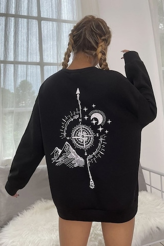 Unisex Pusula Sırt Baskılı Bisiklet Yaka Sweatshirt Siyah