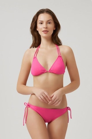 Kom Boyundan Bağlamalı Çıkarılabilir İnce Kaplı Fabyos İpli Dokulu Üçgen Bikini Neon Pembe