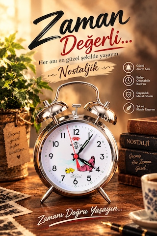 Nostaljik Hareketli Tavuk Figürlü - Kurmalı - Alarmlı - Masa Saati Gümüş