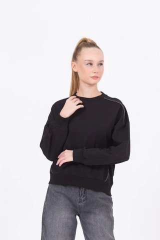 Kız Çocuk Sim Şeritli Taşlı Yarasakol Sweatshirt-13468 Siyah