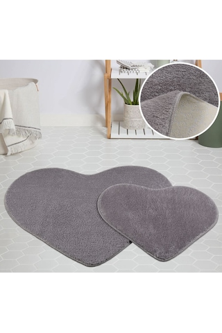 My Evilla Modern Dekoratif Halı Jel Kaymaz Taban Peluş Puffy Kalp (521795801) Gri