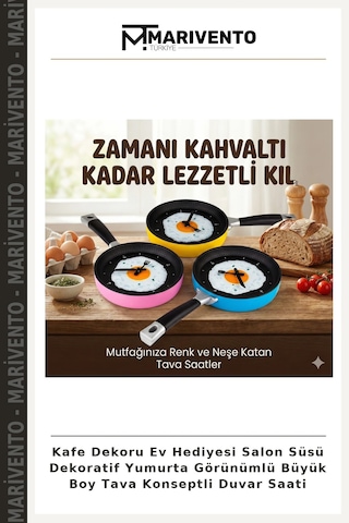Kafe Dekoru Ev Hediyesi Salon Süsü Dekoratif Yumurta Görünümlü Büyük Boy Tava Konseptli Duvar Saati Çok Renkli