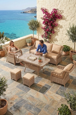 Anemon Serisi 3+1+1+2 Puf Cappucino Rattan Cappucino Minder Bahçe Balkon Oturma Koltuk Takımı