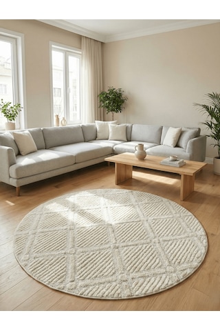 Modern Yuvarlak Halı Yumuşak Dokulu Halı Salon Halısı Mutfak Halısı Kesme Halı Yolluk Krem Halı 22