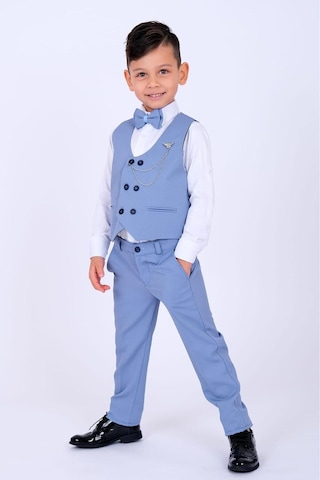 Baby Kids Colors Erkek Çocuk Smokin Takım Elbise 6 Düğmeli Yelekli Papyonlu Zincirli Mavi