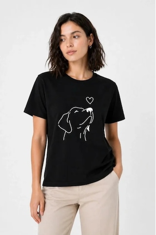 İkales Köpek Figürlü Minimal Baskılı Tişört Kısa Kol Yazlık T-shirt - Siyah