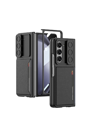 Samsung Uyumlu Galaxy Z Fold 5 Suni Deri Arka Yüzey Sürgülü Kamera Korumalı Zore Kartlıklı Kıpta Silikon Kapak Siyah