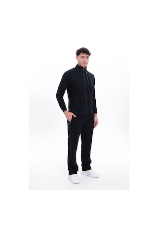 Rowinger 3 İplik Kalın Dokulu Pilot Yaka Velör Şeritli Tam Fermuarlı Erkek Sweatshirt Black