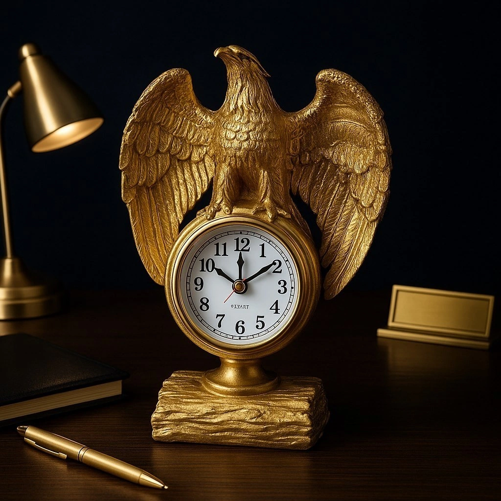Çalışma Alanınıza Şıklık Katın Güçlü İhtişamlı Altın Renkli Kartal Heykeli Masa Saati Biblo 21x13 Cm Renkli