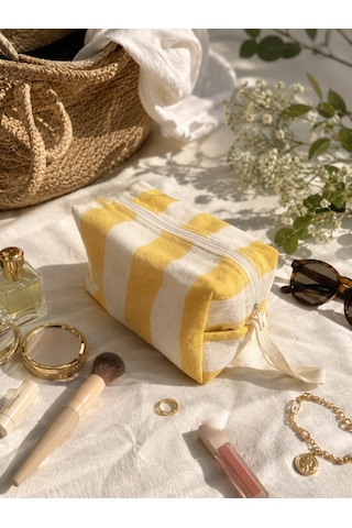Faralyalife Çizgili Fermuarlı Taşıma Kulplu Makyaj Çantası 20x20 Cm %70 Pamuk %30 Polyester Kozmetik Kadın Makyaj Çantası