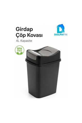 Girdap 4 Litre Sallanır Kapaklı Mini Çöp Kovası Banyo Mutfak Ofis Siyah Füme