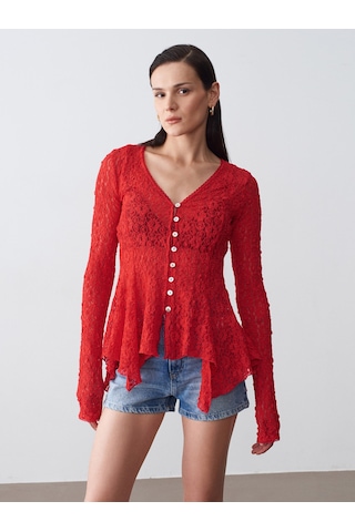 Dilvin 60433 Düğmeli Peplum Dantel Hırka-kırmızı
