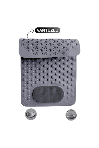 Vantuzlu Dikdörtgen Banyo Duş Kaydırmaz Paspas, Küvet İçi Banyo Zemini Ayak Masaj Halısı 70x36cm Gri