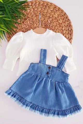 Cantoy Kız Bebek Püsküllü Kot Jile Elbise Balon Bluz Lüks Jean Takım Açık Mavi