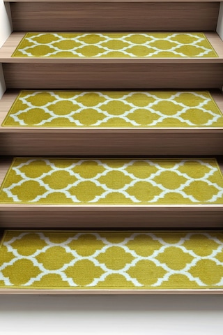 Dikdörtgen Dokuma Merdiven Halısı Kendinden Yapışkanlı Sarı Beyaz