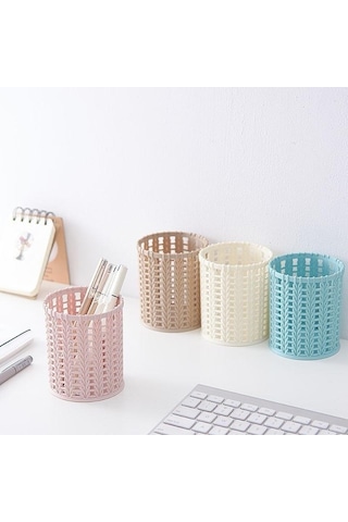 Yaratıcı Rattan Plastik Kalem Tutucu Içi Boş Kutular Öğrenci Masaüstü Ofis Kırtasiye Kova Kalem Pembe