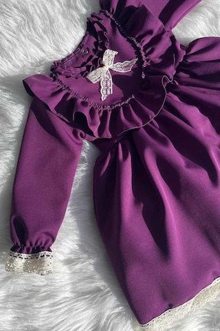 Dantel Ve Fırfır Detaylı Mor Kız Çocuk Bebek Tasarım Elbise 001