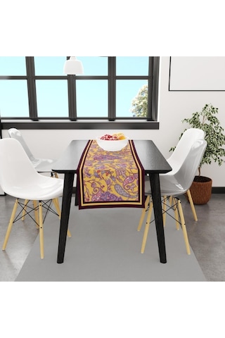 Mor Damask Desen Runner 140x45cm Ince Keten, Uluslararası Yıkama Ve Solmama Sertifikası Çok Renkli