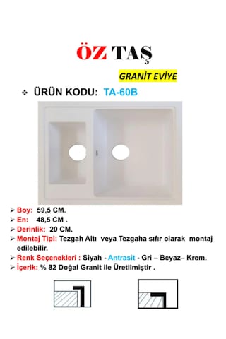 Öztaş TA-60b Granit Mutfak Eviye Beyaz Tek Gözlü 485 x 595 MM