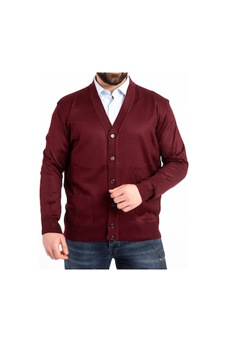 Nacar Store Erkek Düğmeli Ince Yün Triko Örme Baba Hırka Bordo