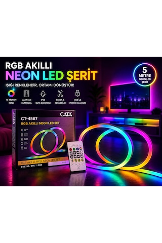 Cata Ct-4567 Rgb Akıllı Neon Led Şerit 5 Metre Kumandalı Renk Değiştiren Ip65 Suya Dayanıklı Led Işık 5 Metre Rengarenk