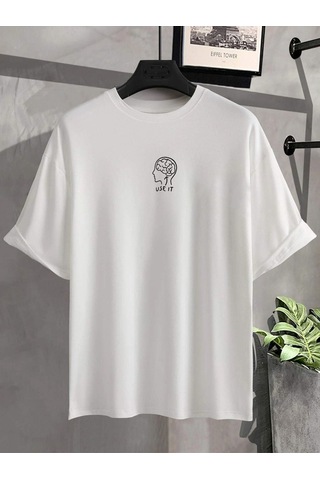 Unisex Beyaz Oversize Use It Brain Baskılı Örme T-shirt Beyaz