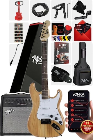 Midex Rph-320wd-50amp Ahşap Renk Strat Kasa Sss 50w Amfili Elektro Gitar Seti