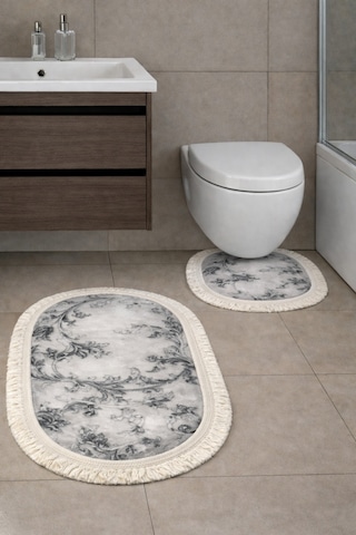 Kaymaz Tabanlı 2 Li Banyo Paspas Seti Yıkanabilir, Su Emici, Toz & Leke Tutmaz Oval Klozet Takımı Kahverengi - Beyaz